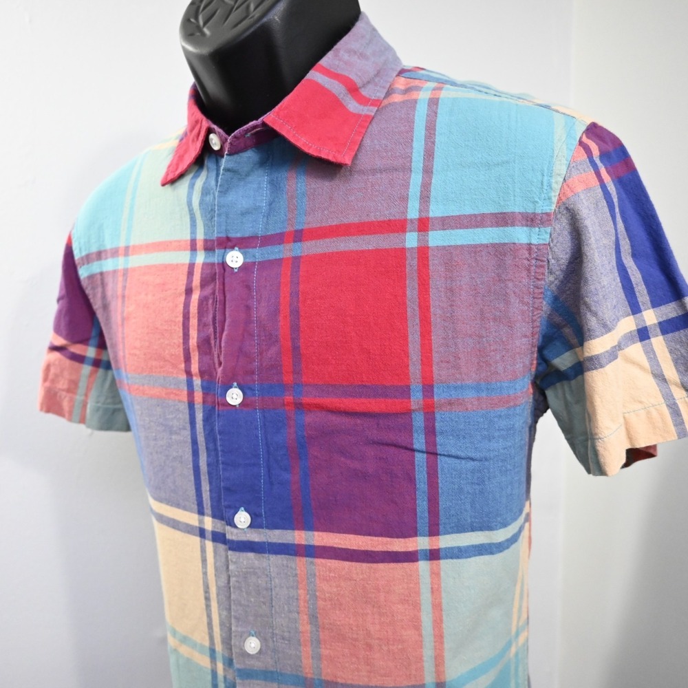 Bonobos Madras Plaid Button Up Dress Shirt Slim Fit Short Sleeve Men Size Medium
